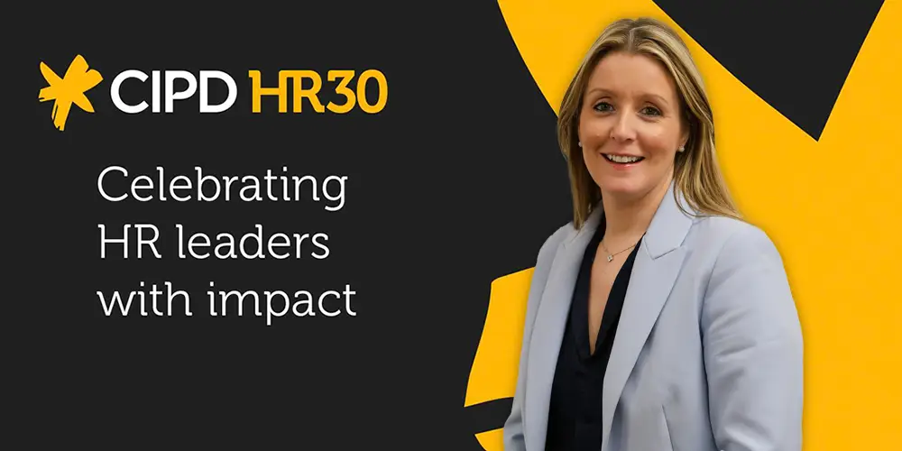 A CIPD HR30 Banner in yellow and black with an inset image of Helen Bilton, Autism Together's Director of People & Culture