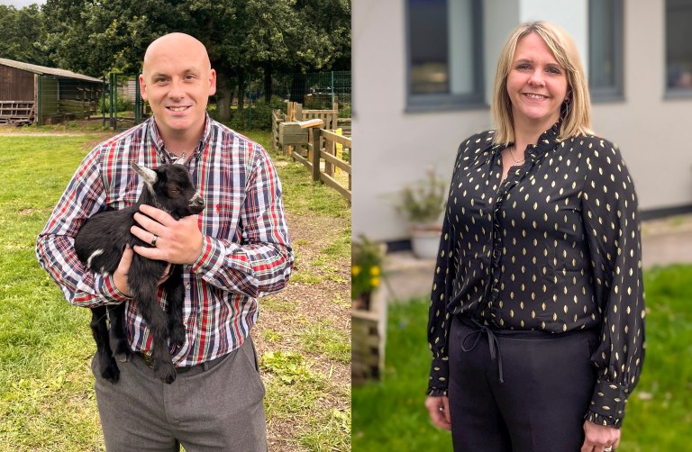 Image of two people, one left is a man in a field holding a baby goat, on the right is a woman standing in front of an office